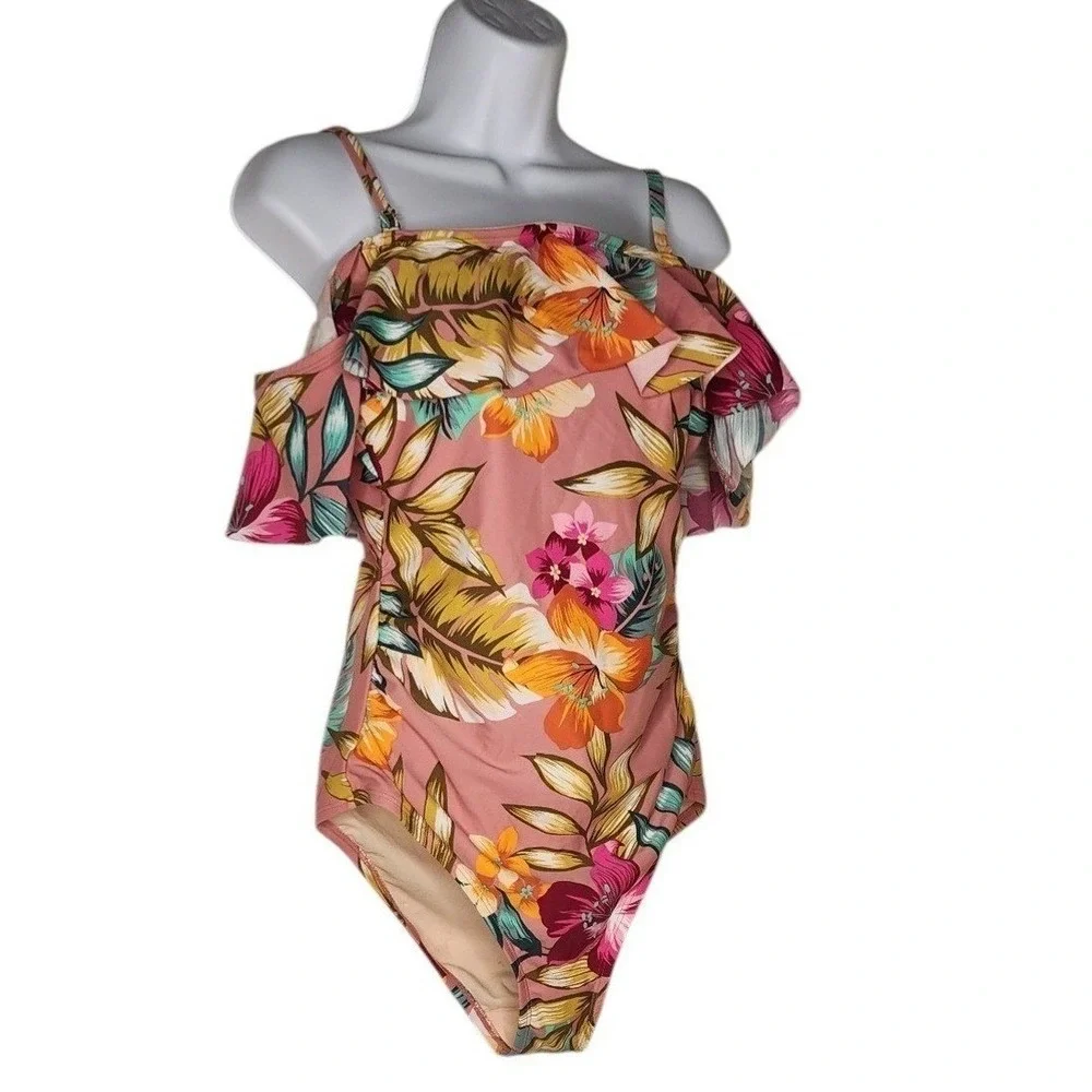 Kona Sol Women's Tropical‎ Floral One Piece Swimsuit Size M Ruffle Off Shoulder
